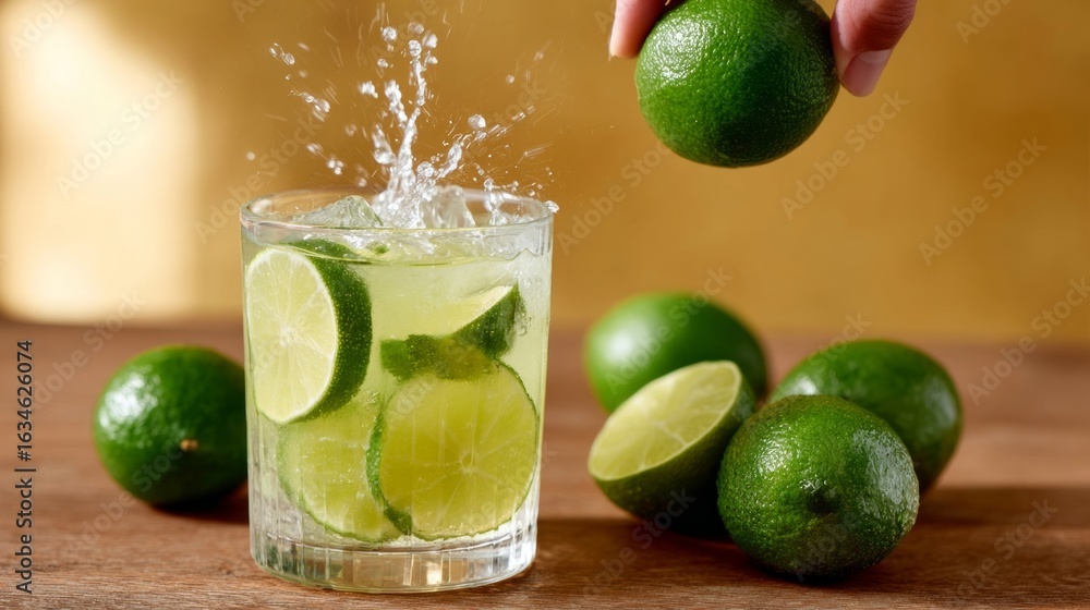Poster glass of limeade with a lime wedge in it. the limeade is poured into the glass and the lime wedge is
