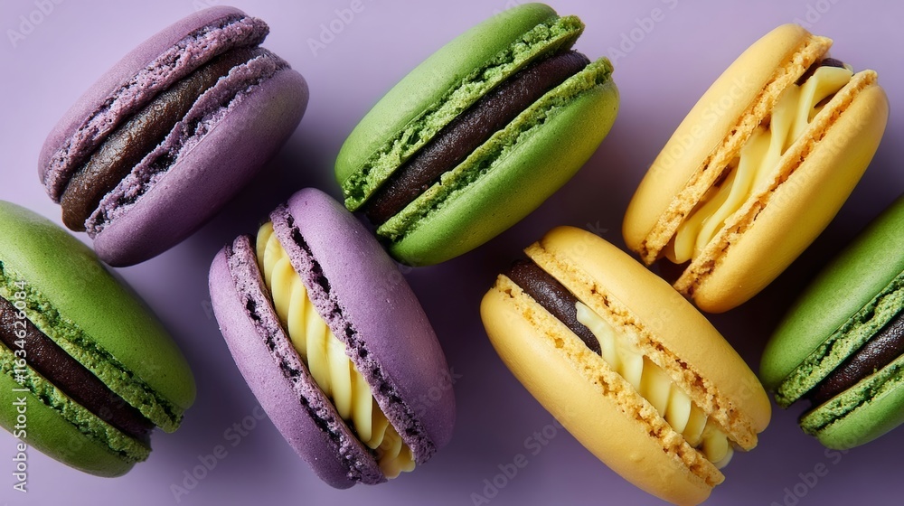 Poster row of pastries with different colors and flavors. the pastries are arranged in a way that they look