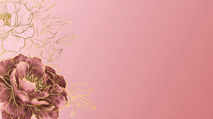 Pink floral gold line art background.