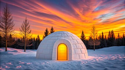 Glowing igloo in snowy winter forest under colorful sunset sky