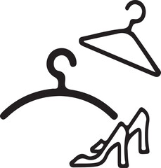 Simple line art icons of clothing hangers and high heel shoe