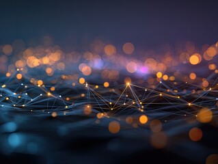 Abstract network of interconnected points and lines, overlaid with bokeh lights