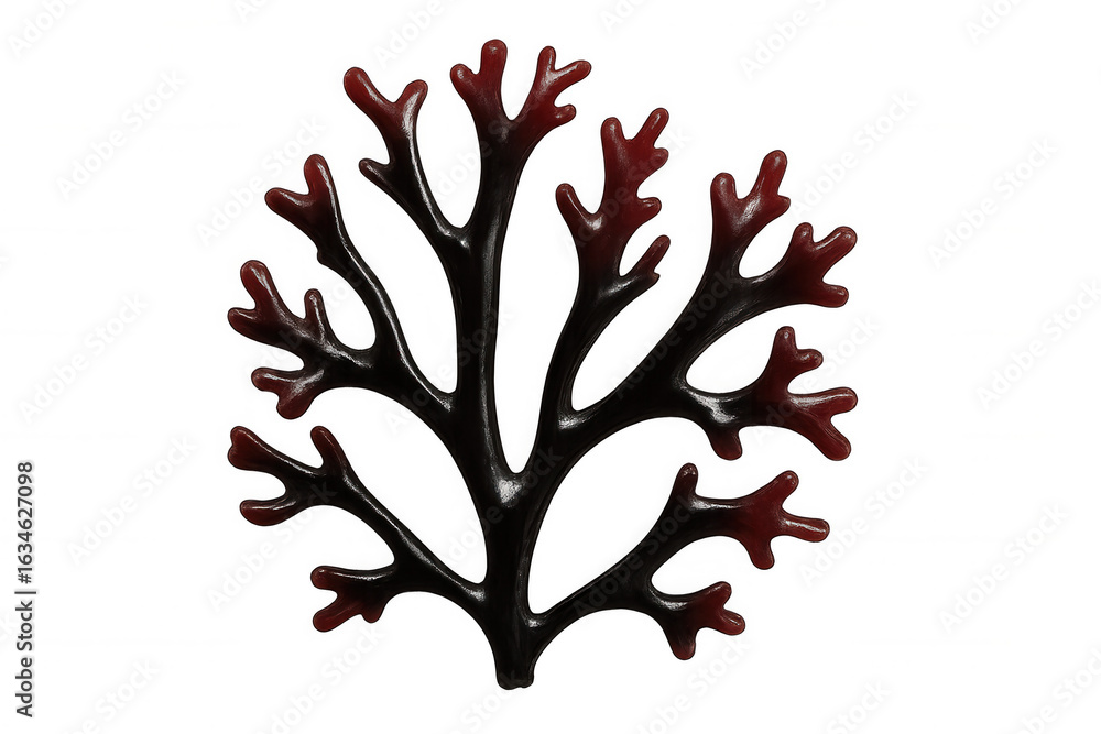 Poster close-up of a red seaweed branch, showcasing its intricate structure and vibrant color against a tra
