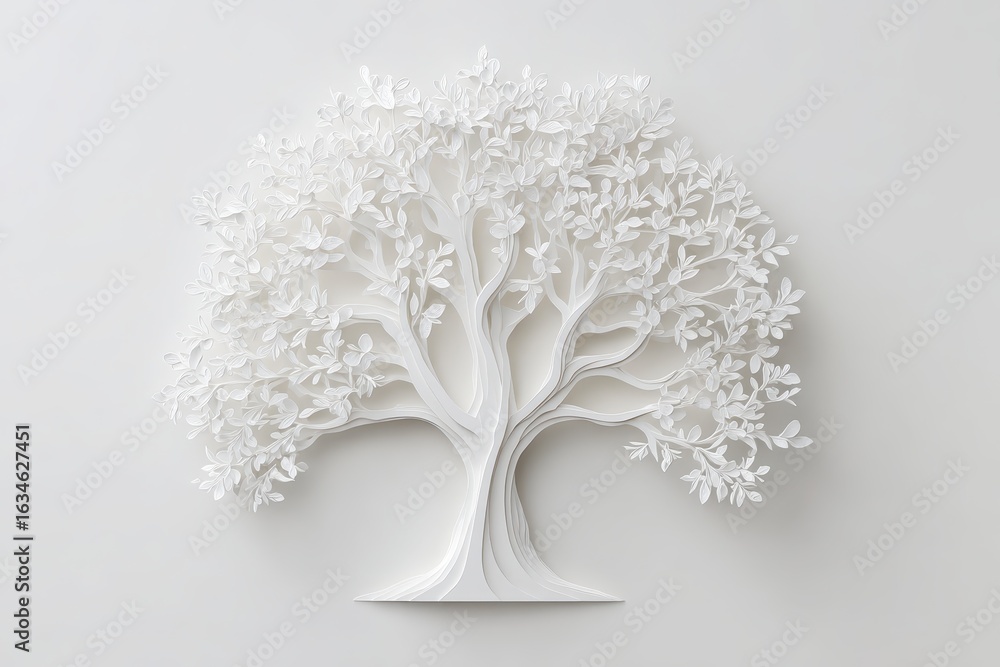 Poster elegant white paper tree artwork with intricate leaf design and structure