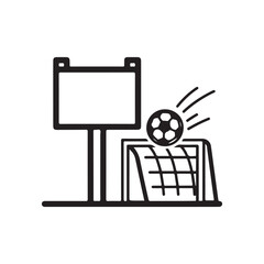 Soccer ball entering the goal next to a signpost, monochrome vector illustration