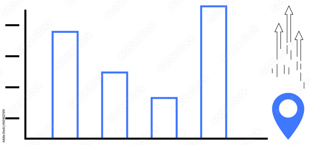 Poster bar graph representing performance data, location pin highlighting geography, upward arrows signifyi