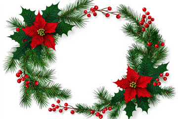 Christmas wreath featuring vibrant red poinsettias, lush green holly, and festive berries with ample copy space for seasonal greetings. concept of celebrating christmas holidays