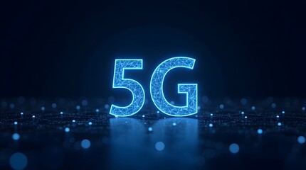 Glowing 5G text on a futuristic digital background. Represents the next generation of high-speed mobile internet, network communication, and advanced wireless technology concept.