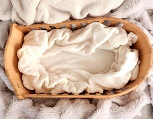 Obraz premium Empty Wooden Baby Bassinet with Soft White Blankets