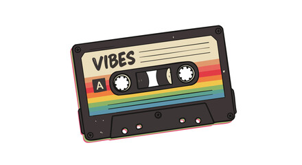 Obraz premium Minimalist Vector Illustration of Cassette Tape with Vibes Text and Rainbow Stripes in Retro Style