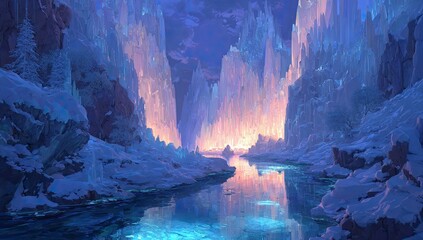 Frozen canyon at twilight, glowing ice