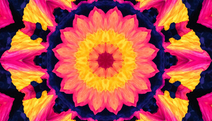 This abstract floral kaleidoscope pattern, created using digital art techniques, displays a symmetrical mandala expanding radially in a vibrant neon pink and yellow palette.