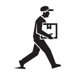 Delivery person carrying box, illustration in black and white