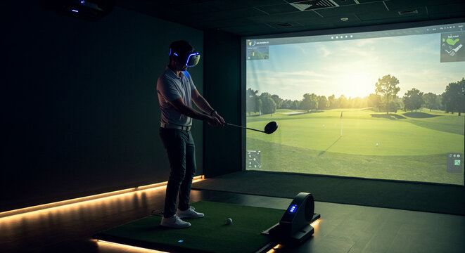 Immersive VR golf scene with user mid-swing in high-tech simulator room.