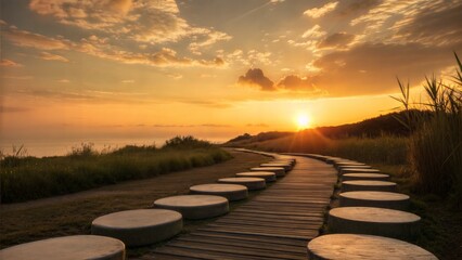 Peaceful Stone Pathway Leading to Sunset Over Calm Natural Landscape