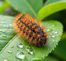 Caterpillar on a dewy leaf