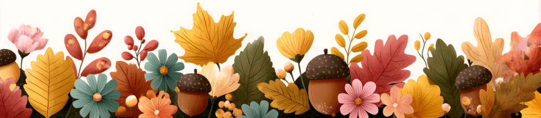 Obraz premium Vector autumn or fall banner with colorful autumn leaves, acorns and flowers, isolated on white. Cute kawaii border with seasonal elements in flat style for Thanksgiving, web or print advertising.