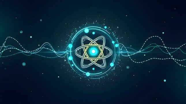 A glowing atom symbol at the center of radiating energy waves. Represents nuclear energy, quantum physics, scientific discovery, and futuristic technology. Abstract science background.
