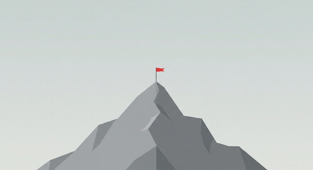 Minimalist vector illustration of a mountain peak with a red flag on the summit, symbolizing business success, achievement, and reaching goals