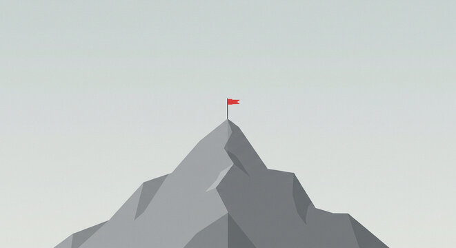 Minimalist vector illustration of a mountain peak with a red flag on the summit, symbolizing business success, achievement, and reaching goals