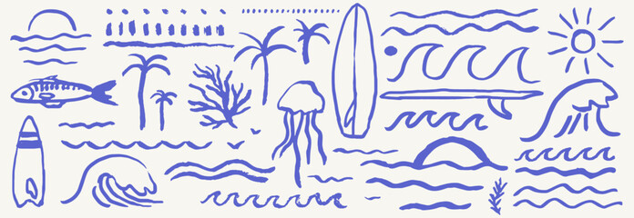 Hand drawn doodle beach, wave and surf vector drawing set. Tropical coastal illustrations like palm trees, waves, surfboards, and sun perfect for summer designs, t-shirts prints, posters, and placards