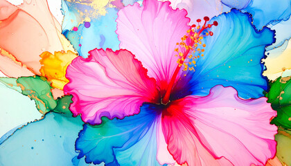 Macro view of a cheerful, colorful abstract hibiscus flower rendered in the fluid alcohol ink technique, blending pink and blue hues against a soft, flowing background.