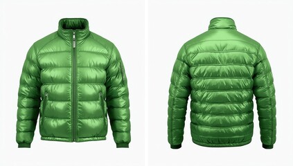 Blank template green down jacket with zipped, front and back view isolated on white background. Mockup winter sport jacket for your design 