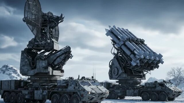 Two military vehicles with missile launchers  radar systems in a snowy landscape