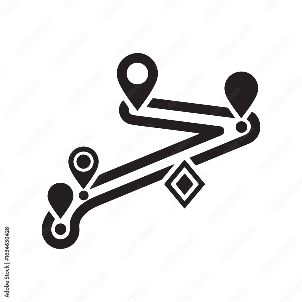 Poster navigation route icon, black location pin pointers with road, vector design element