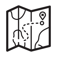 Folded map icon with location pin, destination and dotted route, vector illustration.