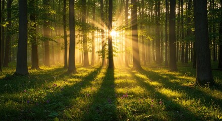 Fototapeta premium A peaceful forest illuminated by golden sunlight streaming through the canopy