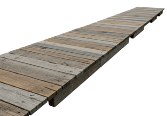 Weathered wooden dock extending over water. Cut out PNG