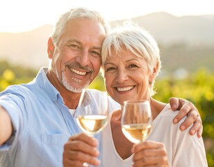 Happy senior couple toasting with wine outdoors