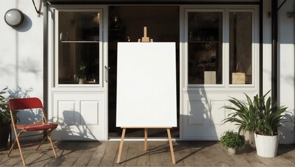 Billboards or White promotion poster displayed on the front of the restaurant, coffee shop Promotion information for marketing announcements and details