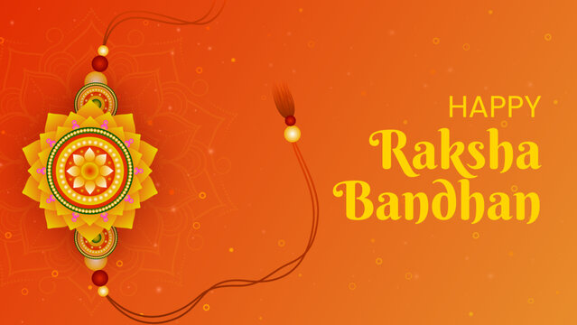 Colorful Raksha Bandhan greeting card design featuring a traditional rakhi on a vibrant orange background with intricate mandala patterns and festive elements. Ideal for Indian festivals.