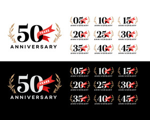 Anniversary Logos 5, 10, 15, 20, 25, 30, 35, 40, 45, 50  Red Ribbon  Laurel Wreath Design