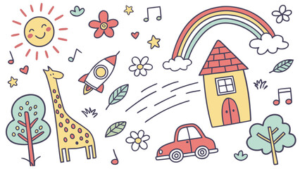 Colorful Crayon Hand-Drawn Background for Kids, Cute Childlike Sketches of Flowers, Houses, Rainbows, Clouds & School Doodles in Vector Style