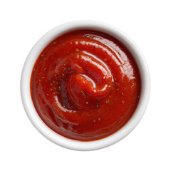 Tomato sauce served in a small white bowl on a plain background, perfect for enhancing various dishes