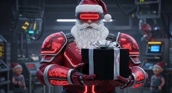 Cybernetic Santa Claus Delivers a Gift from the Future in a Workshop