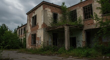 A desolate abandoned building looms in ghostly silence