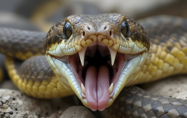 Fototapeta premium Snake Opening Mouth Showing Fangs and Tongue in a Close Up Shot
