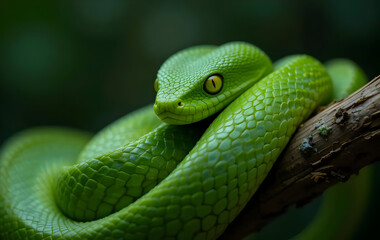 Fototapeta premium Green Viper Snake Coiled on Branch with Striking Yellow Eyes Close Up