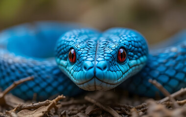 Fototapeta premium Blue Viper Close-up with Intense Red Eyes in Natural Habitat