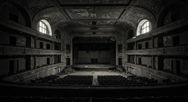 A haunting abandoned theater crumbling in eerie stillness