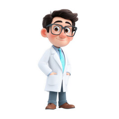 3d illustration of cartoon doctor wearing glasses and lab coat isolated on transparent background