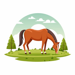 The horse eating grass at the countryside farm field vector illustration isolated on white background