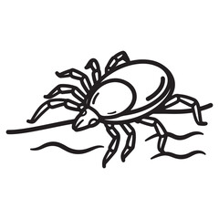 Illustration of a tick crawling on skin, black and white vector image