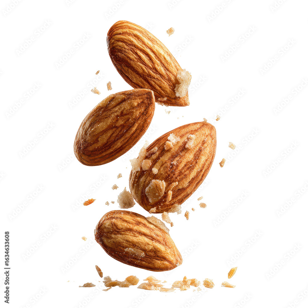 Aufkleber almonds falling with salt on a white background create an appetizing and dynamic display of flavor a