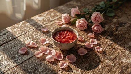 Close up of rose petal jam in a bowl with pink roses and petals on a rustic wooden surface in sunlight