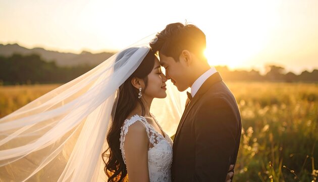Wedding Couple Embracing in Field at Sunset - Romantic Moment